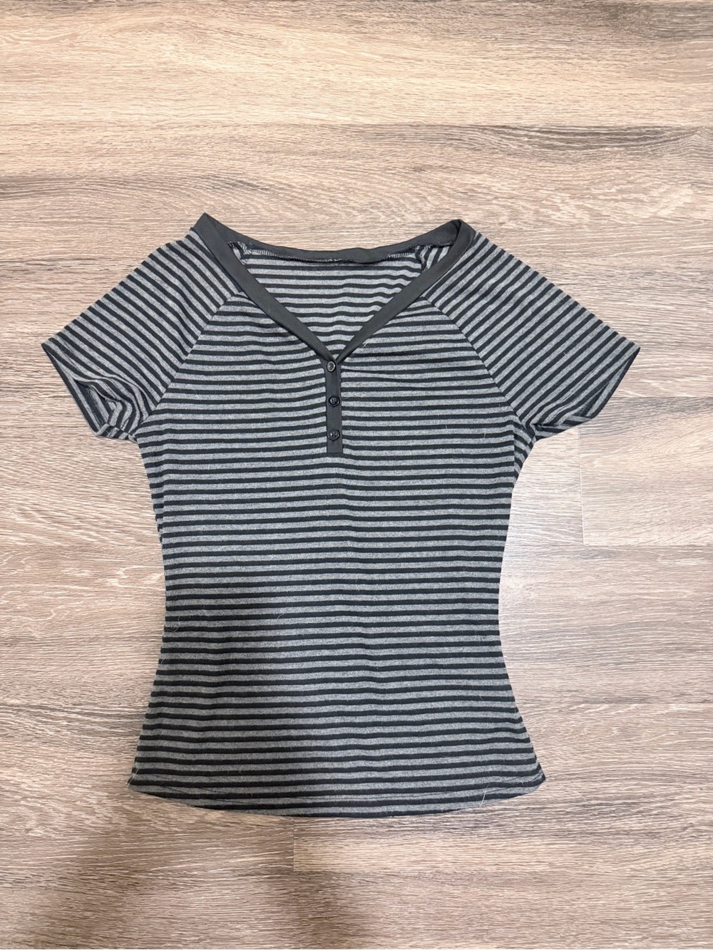 Striped Short-Sleeve Henley Top in Gray